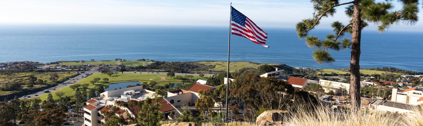 American flag on a hill at Pepperdine Campus