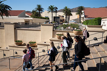 Students walking down stairs to main lower Malibu campus