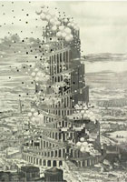 Artwork of building collapsing