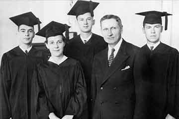 George Pepperdine and first graduating class - black and white photo