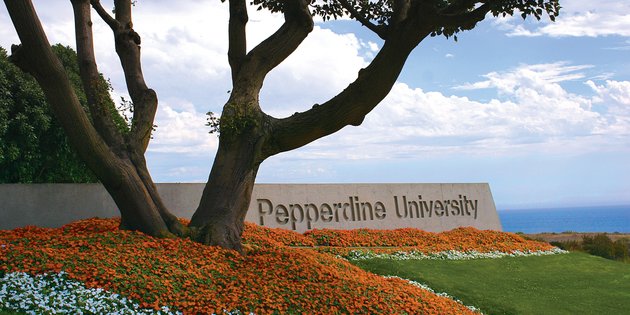 Pepperdine University name carved on stone on the main campus