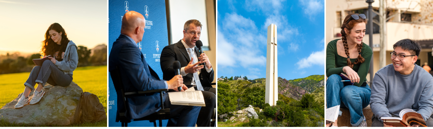 Four Photos of Pepperdine students, Pepperdine Tower, and Faculty