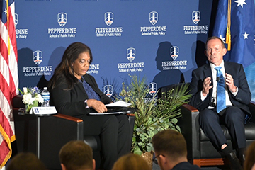 Former Australian Prime Minister Tony Abbott and Taube Family Chair of International Relations and Politics Kiron Skinner