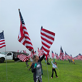 people helping install flags at Waves of Flags on campus