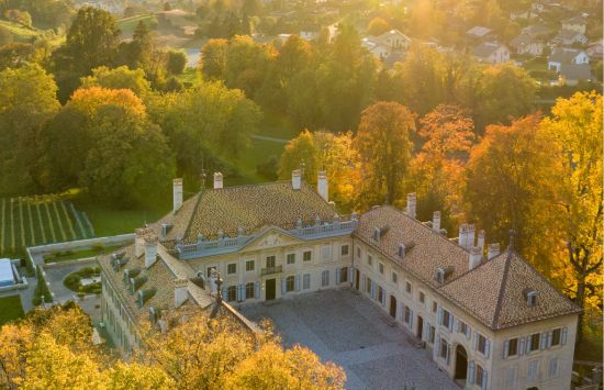 Aerial view of chateau with autumn folliage