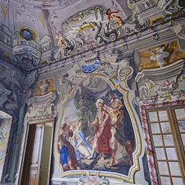 Château d'Hauteville wall with historic carving and artwork