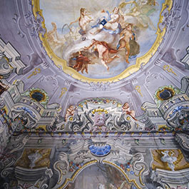 Château d'Hauteville ceiling with historic, ornate carving and artwork