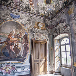 Château d'Hauteville wall and ceiling with historic, ornate carving and artwork