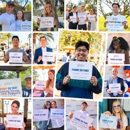 Collage of students, staff, and alumni holding signs for Pepperdine Gives