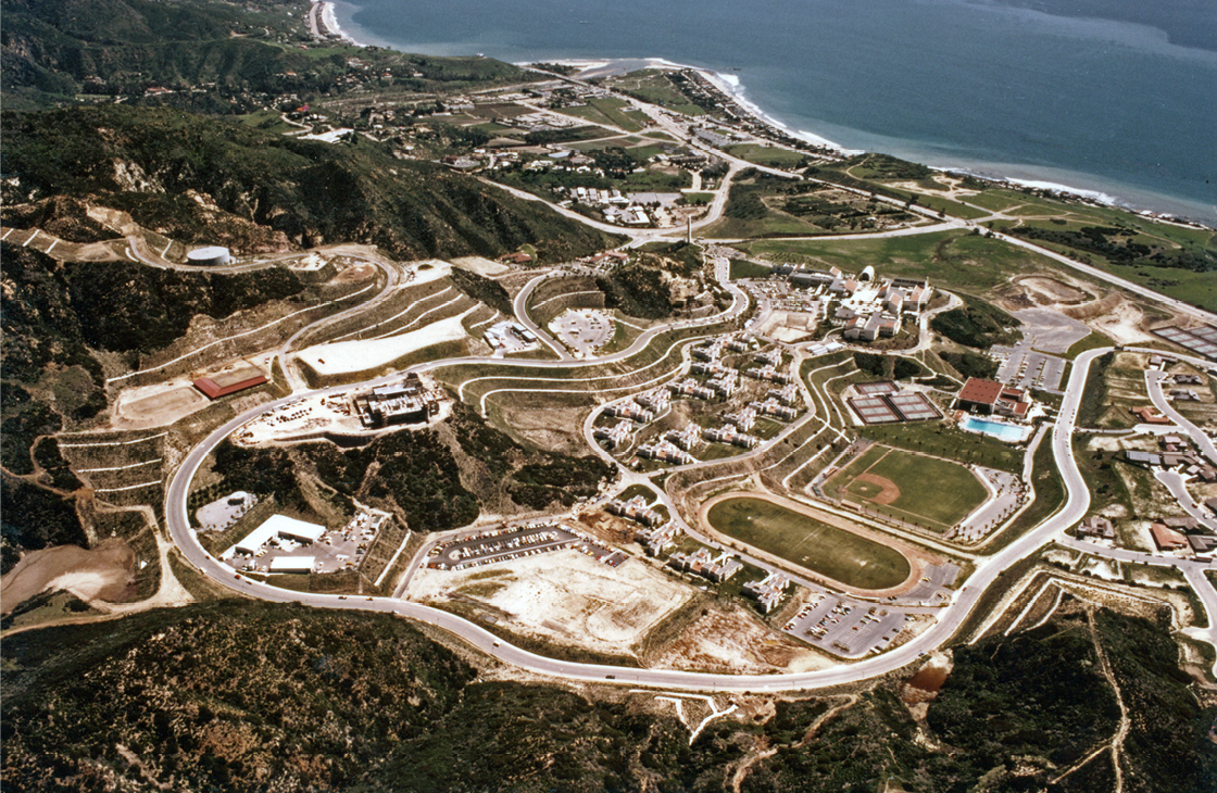 The aerial view of Malibu campus under construction, circa 1970s.