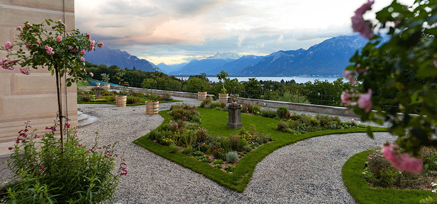 Terrace gardens at Chateau d'Hauteville in Switzerland