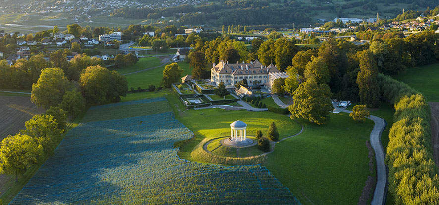 Campus and town aerial view of Chateau d'Hauteville in Switzerland