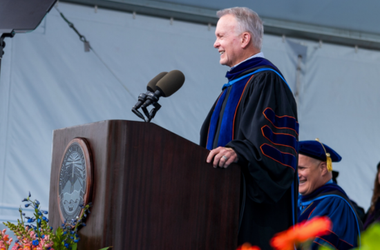 speaker at the podium at a Pepperdine commencement