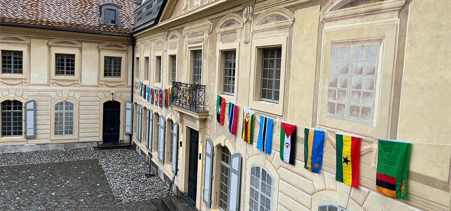 Chateau Events building and international flags
