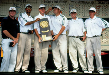 The men's golf team of 1997 raises the program's first NCAA championship trophy