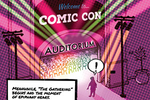 Comic illustration of a woman walking into Comic Con