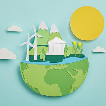 A 3D illustration of mountains and windmills