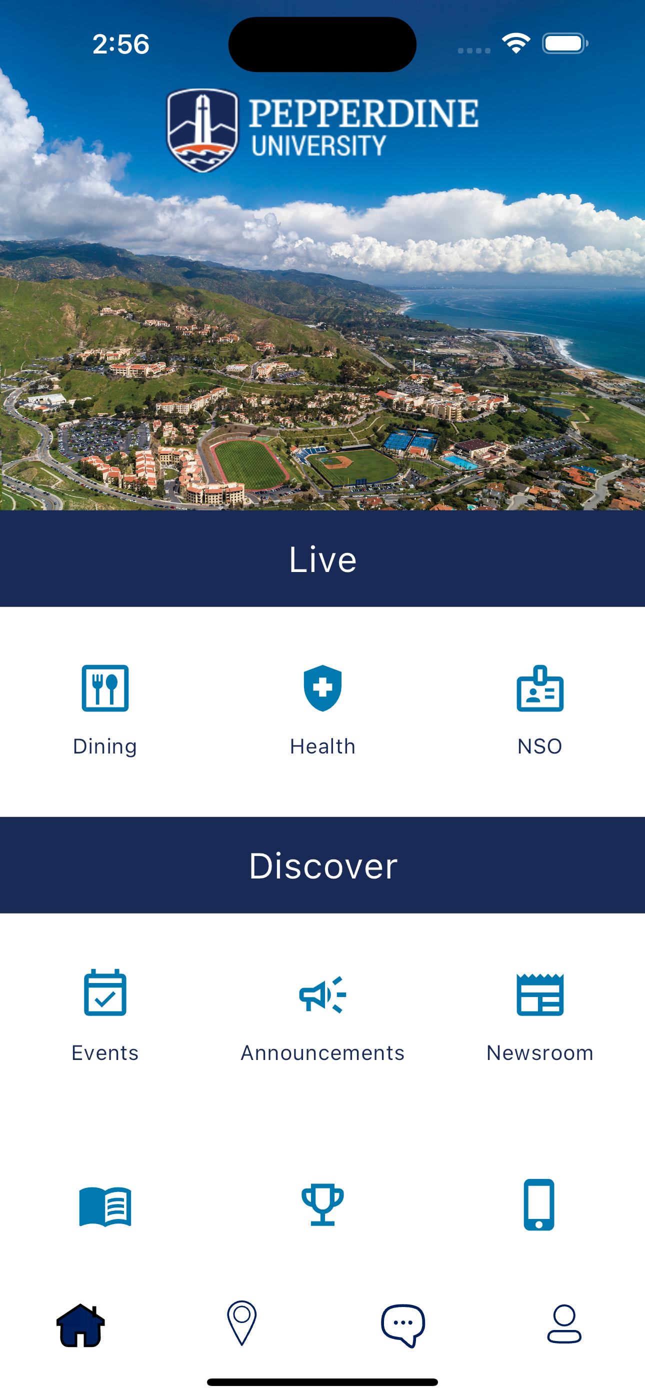 Pepperdine University Mobile App Home Screen w/ New Branding