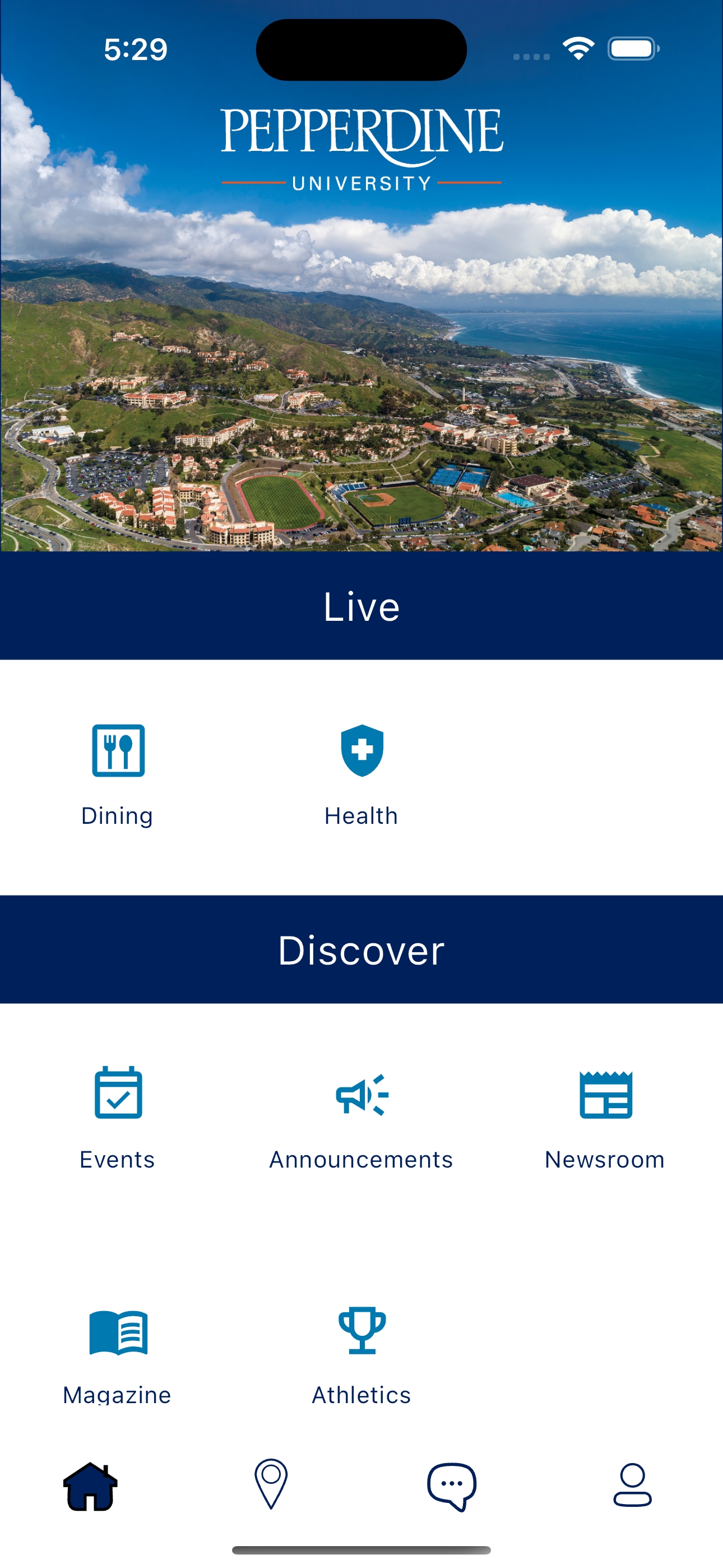 Pepperdine University Mobile App Home Screen