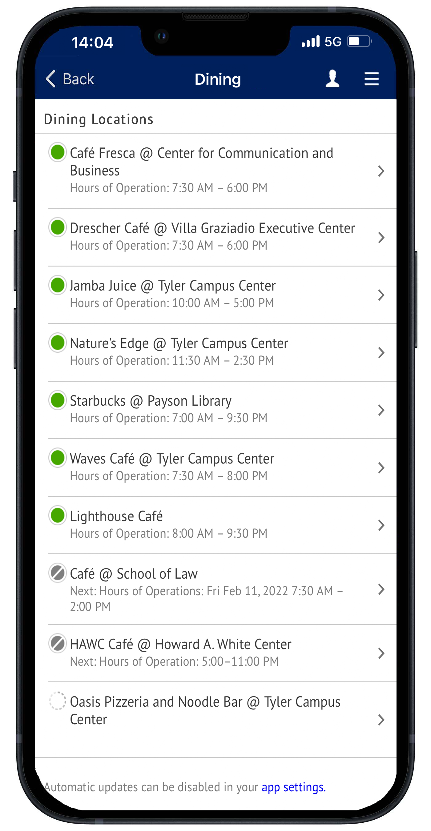 Pepperdine Mobile App dining locations screen