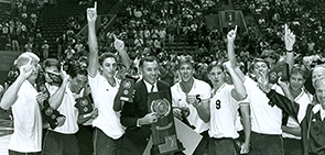 1992 men's volleyball team celebrates NCAA championship win