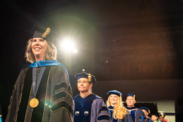 Seaver College professors entering the gym