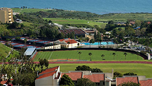 Scenic view of Pepperdine's athletics facilities and the Pacific Ocean
