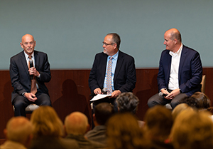 Byron Johnson, Jay Brewster, and Jim Gash speaking to crowd at President's Speaker Series