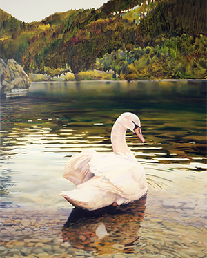Environmental Reflections art piece featuring a swan on water