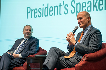 Rabbi Ari Berman and president Jim Gash at President's Speaker Series