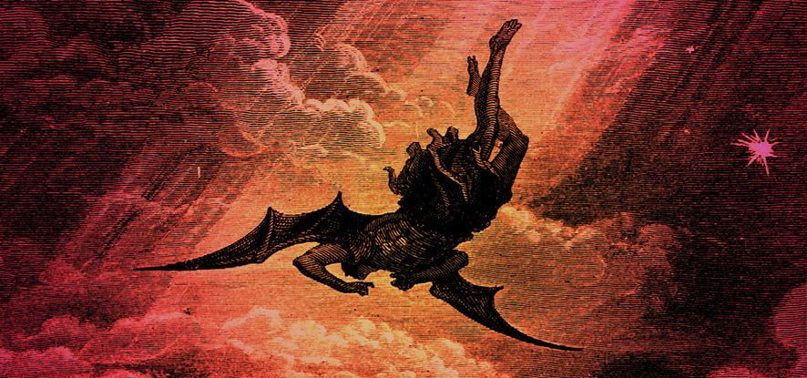 Illustration depicting an angel falling in an orange and red clouded sky