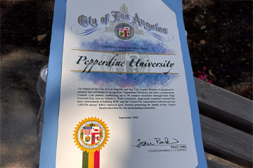Pepperdine received special recognition from Councilwoman Traci Park of the 11th District at the It's Bigger Than Us beach clean up project