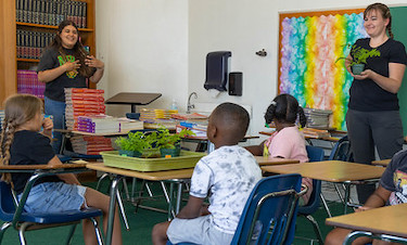 College students explaining scientific topics in an elementary school classroom.