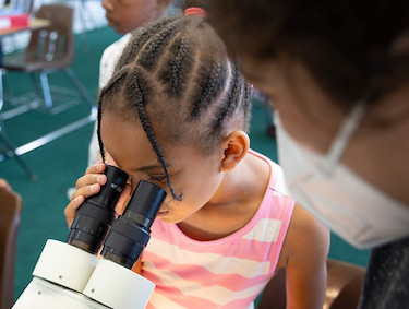 Elementary student looking into microscope.