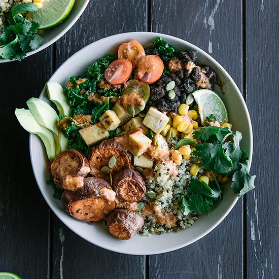 Freshly prepared bowl of vegetables, protein, and quinoa