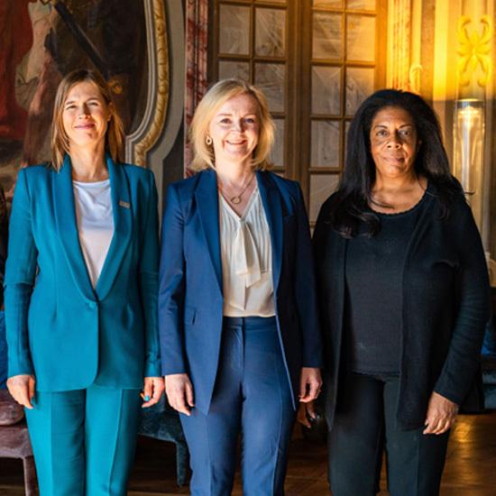 Former President Kersti Kaljulaid, former Prime Minister Liz Truss, and Kiron Skinner