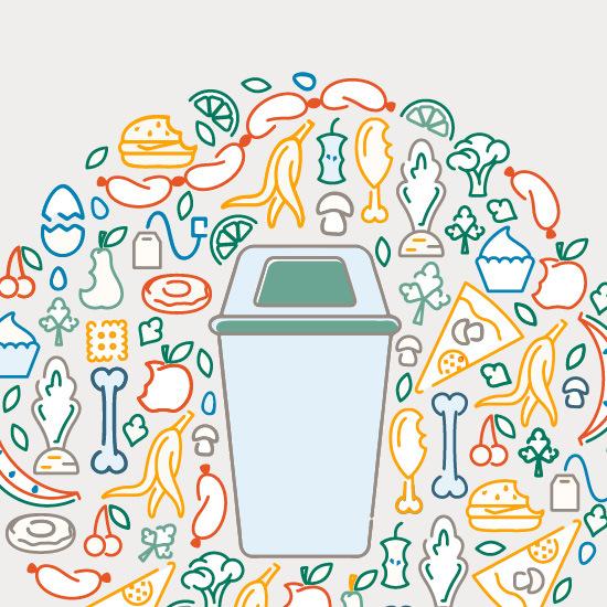 Graphic of trash bin surrounded by food waste