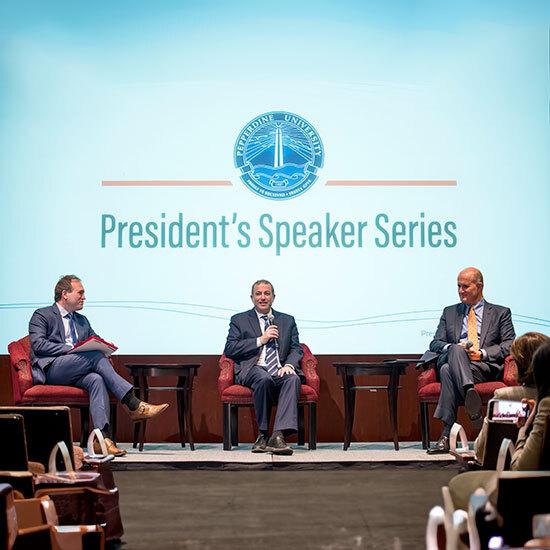 Johnnie Moore, Rabbi Ari Berman, and president Jim Gash at the President's Speaker Series
