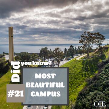 Did You Know? Most Beautiful Campus (Databyte) Decorative image showing the Pepperdine campus (i.e., Seaver Drive overlooking the ocean). The words “Did you know” and “#21 most beautiful campus” are displayed.