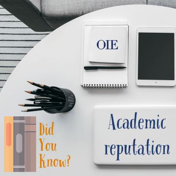 Decorative image of a desktop/workstation with a container of pens/pencils, a notepad, tablet, and closed laptop with the words “Academic reputation” on the cover. Orange and gray book icons are also displayed with the words “Did you know?”