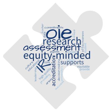 Decorative image of a puzzle-piece shaped word cloud with words from the OIE mission.