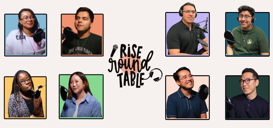 students with microphones around the words that say RISE round table