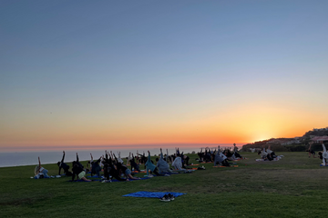 Students doing yoga inside