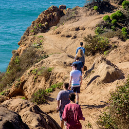 group on a hike overlooking ocean