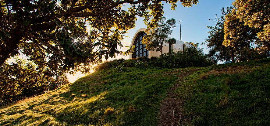 Looking up at Stauffer Chapel in the morning