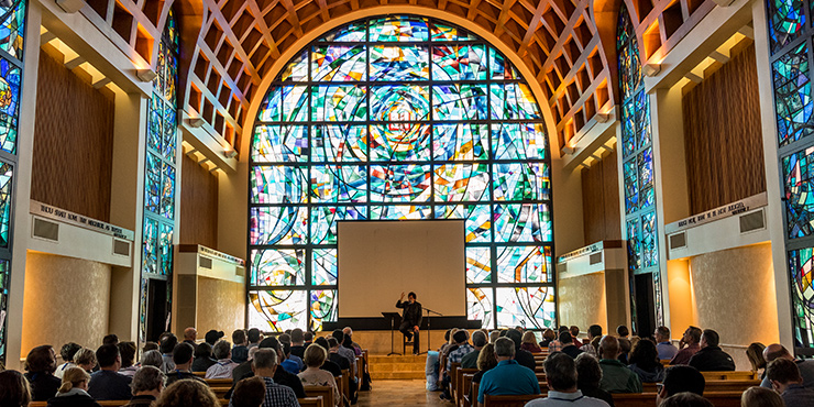 View of speaker on chapel podium