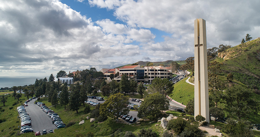 Aerial shot of Pepperdine University with theme tower and TAC in background